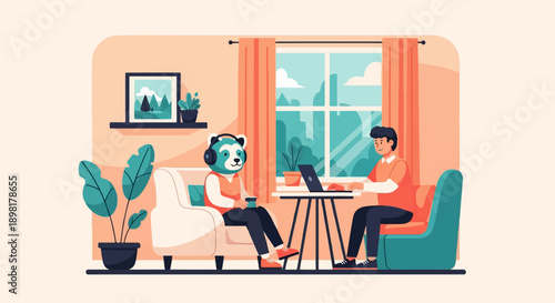 Two figures, one animal, one human, interact in a cozy home setting with a laptop