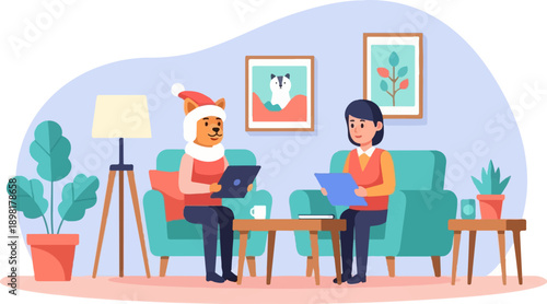 Two figures, one dog-headed in Santa hat, and a person, sit on couches