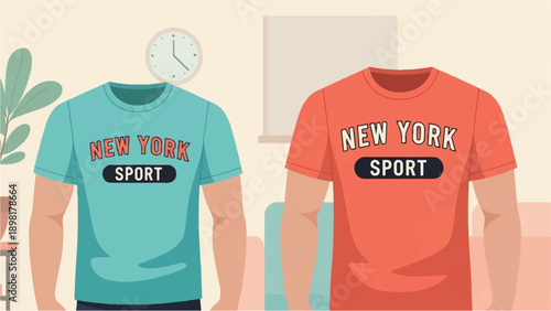 Two headless figures wear colorful "New York Sport" graphic t-shirts indoors