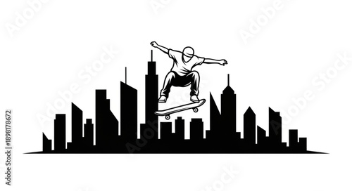 Skateboarder performing a trick over a city skyline silhouette.