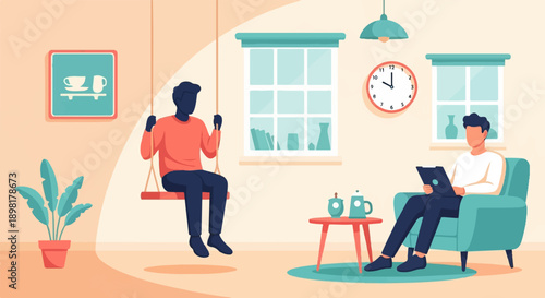 Two figures relax indoors one on a swing, the other reading