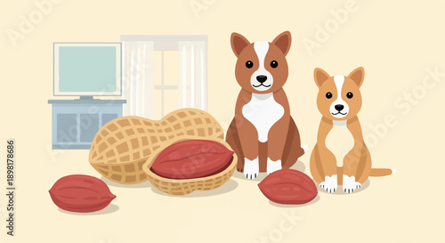 Two cartoon dogs sit near giant peanuts in a simple room with a TV