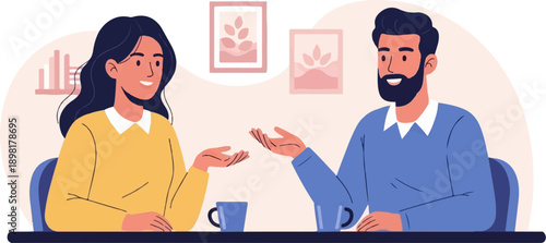 Two individuals, a man and a woman, are seated at a table, conversing animatedly