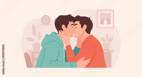 Two men sharing an intimate kiss indoors, with decor