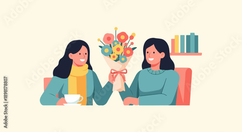 Two friends share a moment, one presents a bouquet of flowers
