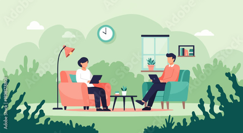 Two individuals engage in conversation while seated in comfortable chairs with laptops