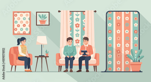 Two men sit on a couch, talking while a woman sits in a chair nearby