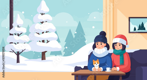 Two friends sharing hot drinks inside during a snowy winter day