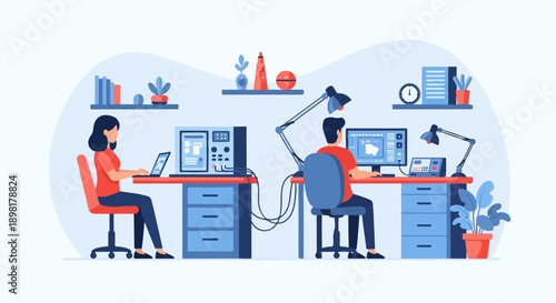 Two individuals in a brightly lit room, each at a desk, working on computers