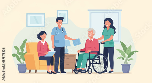 Two caregivers assist an elderly man in a wheelchair indoors