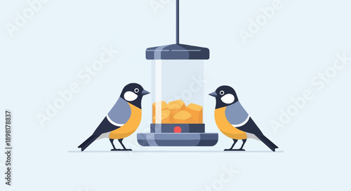 Two cartoon birds stand by a hanging feeder filled with seeds