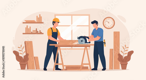 Two carpenters working on wood with a circular saw