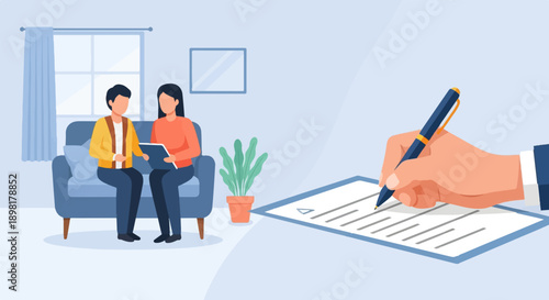 Two individuals converse while a hand signs a document with a pen