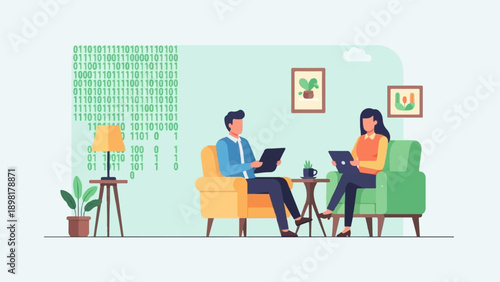 Two individuals in a room, surrounded by digital binary code