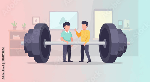 Two men standing at a large barbell in a room