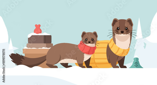 Two furry animals wearing colorful scarves stand in the snow