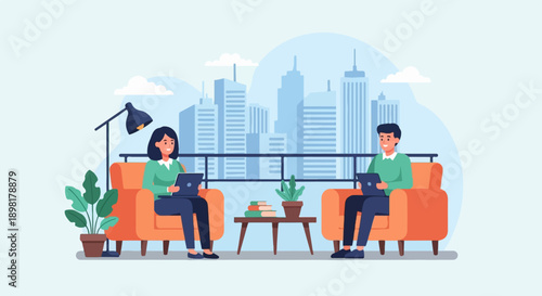 Two individuals in casual attire use laptops while seated in orange armchairs