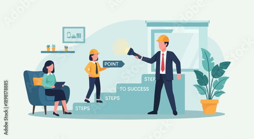 Two individuals in hard hats illuminate stairs towards success with a flashlight