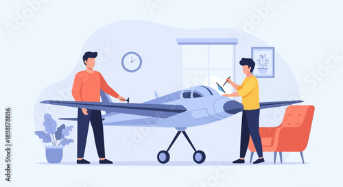 Two men work on a model airplane inside a room