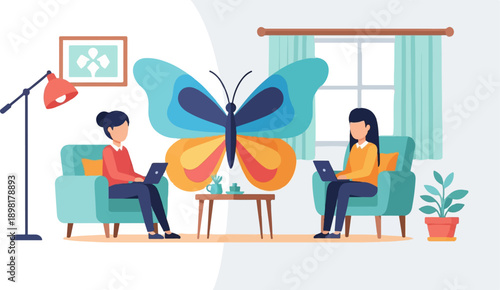 Two individuals in comfortable chairs, each engrossed in laptops, under a large butterfly