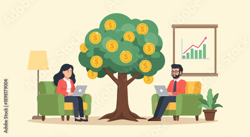 Two individuals sit in armchairs, working on laptops near a money tree and a growth chart