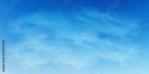 Realistic 3D clouds floating in clear blue sky. White fluffy cloud formations with soft light creating bright atmospheric backdrop for spring and summer designs. Vector illustration.