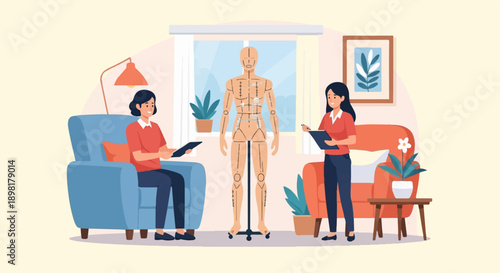 Two individuals studying a human anatomy model in a cozy room