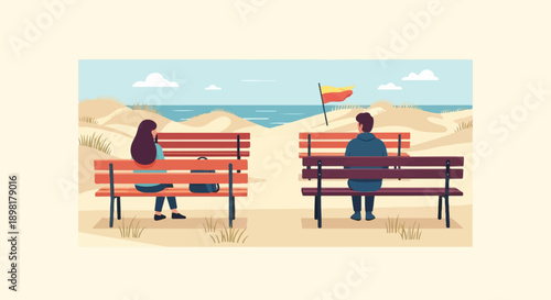 Two individuals sit on separate benches overlooking a calm sea and sandy dunes