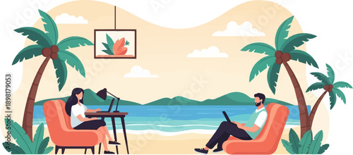 Two individuals work on laptops at a serene beach with palm trees