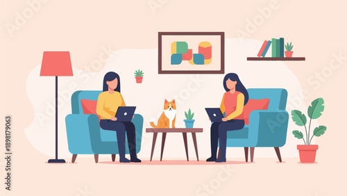 Two individuals work on laptops in a cozy living room with a pet