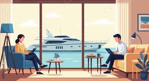 Two individuals work on laptops in a sunlit room with a large window overlooking a yacht on the water