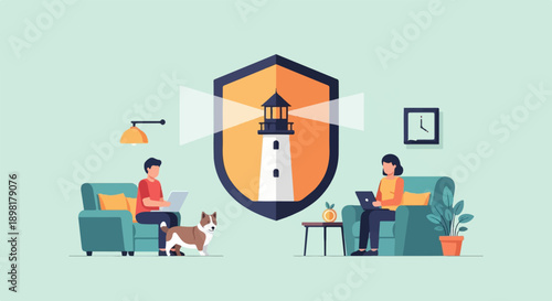 Two individuals work on laptops in a living room with a dog and a lighthouse shield