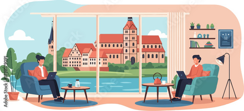 Two individuals work on laptops in comfortable chairs by a large window with a scenic cityscape view