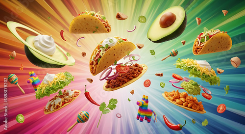 Explosion of Mexican food: Tacos, guacamole, pinatas, and maracas against a vibrant rainbow background