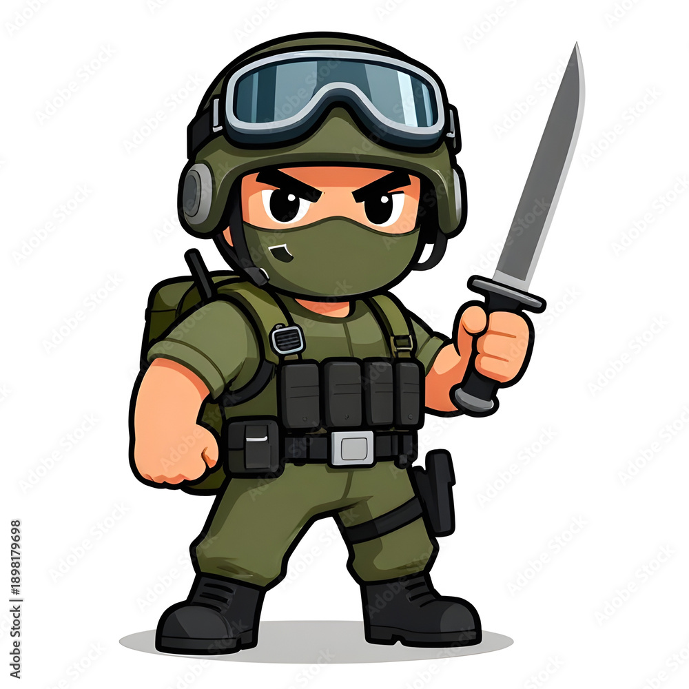 Obraz premium A sturdy special forces soldier with a combat weapon, fully equipped in special combat gear. Cartoon mascot, illustration, clean lines, flat design, modern, high quality