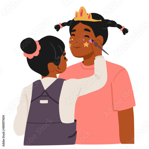 Cute cartoon scene of happy mother and little daughter making face makeup and body art together