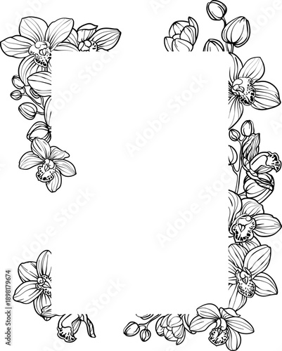 Frame with black orchid flowers, floral illustration for wedding event invitation