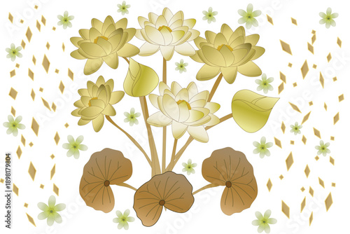 Elegant golden lotus illustration featuring blooming lotus flowers and lotus buds, combined with soft white flowers scattered throughout the composition. The artwork presents a luxurious and serene ae