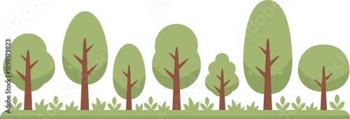 Cute cartoon trees lined up on grass flat vector set