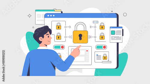 Data privacy control dashboard with security locks representing access management and information protection concept