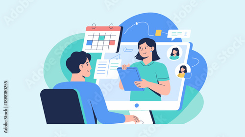 Telehealth appointment administration with healthcare staff managing schedules and digital patient communication concept