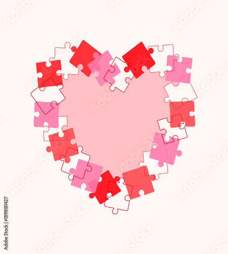 Heart shaped frame made of red puzzle pieces. Poster for congratulating someone on Valentines Day, birthday, or declaration of love and passion. 