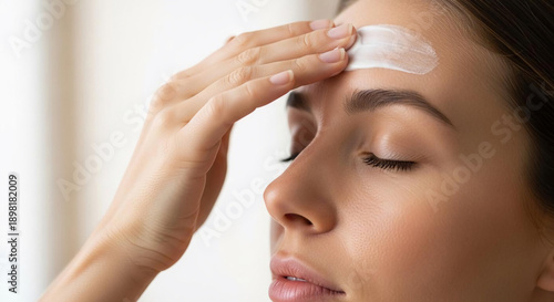 Close-up of a woman applying cream to her forehead with her finger in a well-lit room.