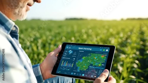 Farmer using smart agriculture technology on a digital tablet, monitoring crop health and optimizing field management for sustainable farming in a vibrant green field