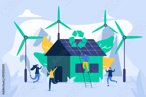 Renewable Energy Concept: Sustainable Home with Solar Panels, Wind Turbines, and Happy Eco-Friendly Community