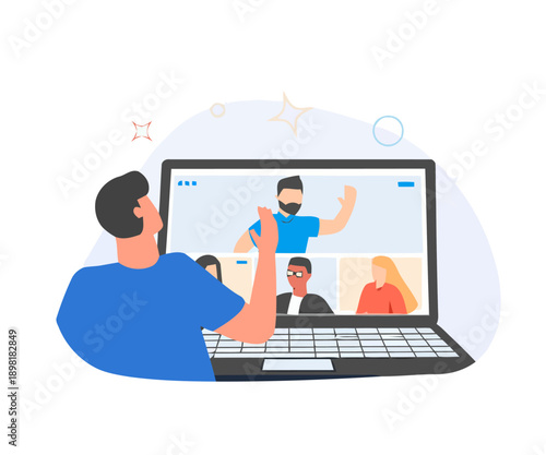 Remote Video Conference Call Illustration. Online Business Meeting, Teleworking Team Collaboration via Laptop Screen Interface.