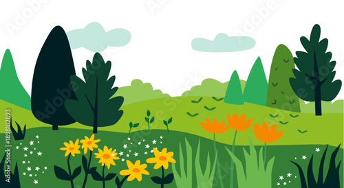 Cheerful Flat Design Landscape Vector: Spring Meadow with Green Hills, Stylized Trees, and Bright Yellow Flowers