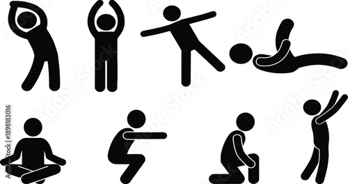A diverse collection of stick figure illustrations depicting various yoga poses and exercises
