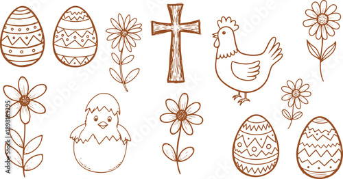 Easter and Spring Hand Drawn Line Art Vector Illustrations, EPS