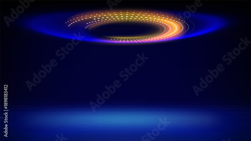Futuristic technology stage blue background. Round orange dotted led, neon glow, grid floor. Abstract background for displaying products presentation, advertising. Tech backdrop. Showcase. Vector